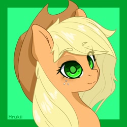 Size: 850x850 | Tagged: safe, artist:hrukii, artist:navokin, imported from derpibooru, applejack, earth pony, pony, abstract background, blushing, bust, cropped, ear fluff, eye clipping through hair, female, hat, looking at you, mare, portrait, redraw, smiling, solo, three quarter view