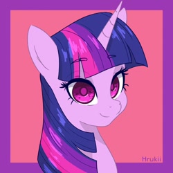 Size: 850x850 | Tagged: safe, artist:hrukii, artist:navokin, imported from derpibooru, twilight sparkle, pony, unicorn, abstract background, bust, cropped, ear fluff, female, looking at you, mare, portrait, redraw, smiling, solo, three quarter view