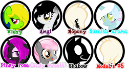 Size: 1822x990 | Tagged: safe, artist:amgiwolf, imported from derpibooru, oc, oc only, oc:amgi, oc:candy sweetti, oc:nopony, oc:pinky rose, oc:shadow, oc:sunset aroma, oc:viexy ams, changeling, changeling queen, earth pony, pegasus, pony, shadow pony, unicorn, bedroom eyes, bust, changeling queen oc, earth pony oc, eyelashes, female, horn, mannequin, mare, pegasus oc, purple changeling, simple background, smiling, transparent background, unicorn oc, wings