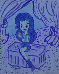 Size: 1401x1747 | Tagged: safe, artist:amyrosexshadowlover, imported from derpibooru, rarity, equestria girls, boots, clothes, female, indoors, lipstick, makeup, nail polish, shoes, signature, sitting, solo, traditional art