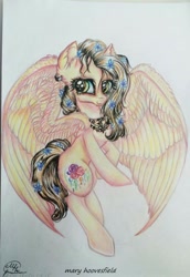 Size: 705x1024 | Tagged: safe, artist:maryhoovesfield, imported from derpibooru, oc, oc only, pegasus, pony, eyelashes, jewelry, necklace, pegasus oc, rearing, signature, smiling, solo, traditional art, wings