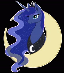 Size: 2460x2780 | Tagged: safe, artist:universaria, artist:universaria_art, imported from derpibooru, princess luna, pony, black background, bust, crescent moon, female, mare, moon, portrait, simple background, solo, starry eyes, wingding eyes