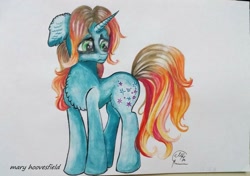 Size: 1024x722 | Tagged: safe, artist:maryhoovesfield, imported from derpibooru, oc, oc only, pony, unicorn, chest fluff, ear fluff, frown, horn, looking back, signature, solo, traditional art, unicorn oc