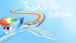 Size: 1920x1080 | Tagged: safe, artist:emalajiss36, imported from derpibooru, rainbow dash, pegasus, pony, 100, eyelashes, female, flying, grin, looking left, mane blown, mare, milestone, rainbow trail, smiling, solo, subscribers, thanks, windswept mane
