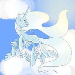 Size: 1024x1024 | Tagged: safe, artist:emalajiss36, imported from derpibooru, oc, oc only, pony, unicorn, cloud, eyelashes, feathered fetlocks, female, flying, horn, looking back, mare, open mouth, smiling, solo