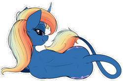 Size: 1093x727 | Tagged: safe, artist:suspega, derpibooru exclusive, imported from derpibooru, oc, oc only, oc:cobalt mist, pony, unicorn, bedroom eyes, both cutie marks, eyeshadow, female, horn, leonine tail, long tail, looking at you, looking back, looking back at you, lying down, makeup, multicolored hair, rainbow hair, rear view, side, simple background, smiling, solo, tail mouth, transparent background, unicorn oc, white outline