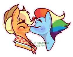 Size: 500x391 | Tagged: safe, artist:calamaricollie, imported from derpibooru, applejack, rainbow dash, appledash, blushing, clothes, female, kissing, lesbian, older, older applejack, older rainbow dash, scarf, shipping