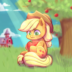 Size: 1280x1280 | Tagged: safe, artist:fluterloo, imported from derpibooru, applejack, earth pony, pony, apple, apple tree, chibi, colored pupils, crepuscular rays, cute, deviantart watermark, ear fluff, female, food, jackabetes, mare, obtrusive watermark, sitting, solo, sweet apple acres, tree, watermark