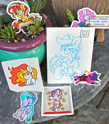 Size: 613x698 | Tagged: safe, artist:threetwotwo32232, imported from derpibooru, daybreaker, pinkie pie, princess celestia, rainbow dash, starlight glimmer, sunset shimmer, oc, oc:fizzy pop, for sale, merchandise, sticker, sticker set, traditional art