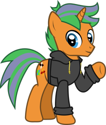 Size: 1168x1379 | Tagged: safe, artist:lightningbolt, derpibooru exclusive, imported from derpibooru, oc, oc only, pony, unicorn, derpibooru community collaboration, .svg available, 2021 community collab, clothes, hoodie, horn, male, raised hoof, show accurate, simple background, solo, stallion, standing, svg, transparent background, underhoof, vector, waving