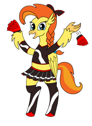 Size: 1870x2560 | Tagged: safe, artist:goldenflow, imported from derpibooru, oc, oc only, oc:golden flow, oc:goldenflow, hippogriff, derpibooru community collaboration, 2021 community collab, bow, braid, cheerleading, clothes, female, hair bow, pom pom, simple background, skirt, solo, transparent background, wings