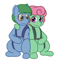 Size: 1200x1200 | Tagged: safe, artist:phallen1, derpibooru exclusive, imported from derpibooru, oc, oc only, oc:software patch, oc:windcatcher, derpibooru community collaboration, 2021 community collab, couple, duo, female, harness, hoof on belly, hoof on shoulder, male, parachute, simple background, straight, tack, transparent background, vector, windpatch