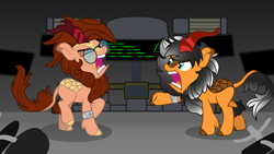 Size: 3758x2114 | Tagged: safe, artist:ragedox, imported from derpibooru, oc, oc:blazing smart, oc:burning love, kirin, pony, angry, blue eyes, brown mane, computer, doom equestria, female, fight, glasses, hacker, kirin oc, pink eyes, scales, screaming, show accurate, this will end in nirik, vector