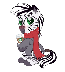 Size: 1127x1247 | Tagged: safe, artist:ashidaii, imported from derpibooru, oc, oc only, oc:palatinatus clypeus, pony, zebra, blushing, clothes, coffee, colored pupils, cute, ear fluff, eye scar, looking at you, male, scar, scarf, simple background, sitting, smiling, solo, stallion, starbucks, sweater, tail wrap, transparent background, zebra oc