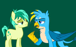 Size: 1024x640 | Tagged: safe, artist:whistle blossom, imported from derpibooru, gallus, sandbar, earth pony, griffon, pony, school daze, angry, colt, digital art, duo, duo male, foal, gallus is not amused, green background, looking at each other, male, obtrusive watermark, open mouth, sandbar is amused, simple background, smiling, smirk, teal background, teenager, unamused, watermark