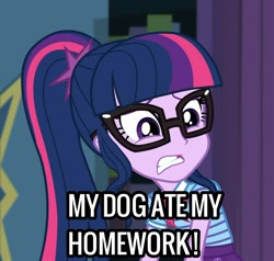 Size: 1128x1073 | Tagged: safe, edit, edited screencap, imported from derpibooru, screencap, sci-twi, twilight sparkle, equestria girls, equestria girls series, star crossed, caption, image macro, implied spike, meme, solo, text, this will end in detention, this will end in tears