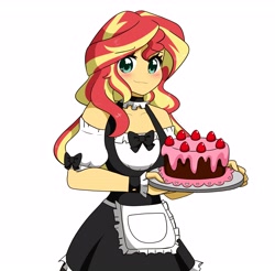 Size: 4096x4028 | Tagged: safe, artist:kittyrosie, imported from derpibooru, sunset shimmer, equestria girls, blushing, cake, clothes, cute, digital art, female, food, maid, shimmerbetes, simple background, smiling, solo