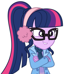 Size: 2750x3178 | Tagged: safe, artist:sketchmcreations, imported from derpibooru, sci-twi, twilight sparkle, equestria girls, equestria girls series, holidays unwrapped, spoiler:eqg series (season 2), amused, clothes, coat, crossed arms, earmuffs, female, lip bite, scarf, simple background, smiling, solo, transparent background, vector, winter break-in, winter outfit