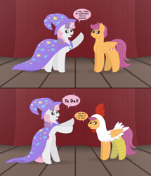 Size: 7014x8171 | Tagged: safe, artist:calibykitty, artist:midnightamber, imported from derpibooru, scootaloo, sweetie belle, pegasus, pony, unicorn, absurd resolution, animal costume, background, cape, chicken suit, clothes, colored lineart, colored pupils, commission, costume, dialogue, hat, magic act, magic trick, magician outfit, scootachicken, simple background, speech bubble, stage, stage light, standing on two hooves, trixie's cape, trixie's hat