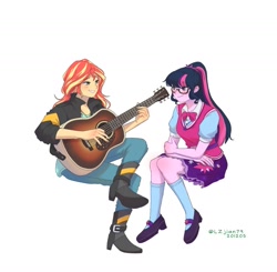 Size: 1409x1380 | Tagged: safe, alternate version, artist:lzjian79, imported from derpibooru, sci-twi, sunset shimmer, twilight sparkle, equestria girls, clothes, female, glasses, guitar, lesbian, musical instrument, scitwishimmer, shipping, socks, sunsetsparkle