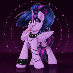 Size: 2048x2048 | Tagged: safe, artist:amishy, imported from derpibooru, twilight sparkle, alicorn, pony, alternate hairstyle, chains, collar, cute, cute little fangs, ear piercing, earring, fangs, female, fishnets, jewelry, long tongue, mare, piercing, punk, signature, solo, spiked collar, tongue out, twiabetes, twilight sparkle (alicorn), wristband