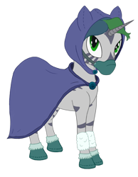 Size: 840x1080 | Tagged: safe, artist:ononim, imported from derpibooru, oc, oc only, oc:forest glade, hybrid, pony, zebra, zebracorn, zony, derpibooru community collaboration, 2021 community collab, ambiguous gender, boots, brooch, catchlights, cloak, clothes, face mask, highlights, hood, leg warmers, looking at you, mask, quadrupedal, shoes, simple background, solo, transparent background