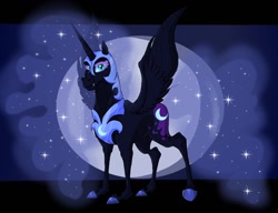 Size: 1300x1000 | Tagged: safe, artist:batrina, imported from derpibooru, nightmare moon, alicorn, pony, ethereal mane, ethereal tail, fangs, female, full moon, mare, moon, smiling, solo