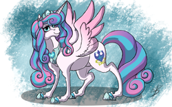 Size: 1600x1000 | Tagged: safe, artist:batrina, imported from derpibooru, princess flurry heart, alicorn, pony, colored wings, colored wingtips, crown, female, hoof shoes, jewelry, mare, older, older flurry heart, peytral, regalia, signature, smiling, solo, wings