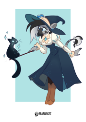 Size: 1060x1500 | Tagged: safe, artist:kez, imported from derpibooru, oc, oc only, anthro, cat, unguligrade anthro, zebra, boots, clothes, cute, dress, ear fluff, ear piercing, earring, female, halloween, hat, holiday, jewelry, ocbetes, piercing, shoes, simple background, solo, sparkles, wand, white background, witch, witch hat, zebra oc