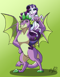 Size: 700x900 | Tagged: safe, artist:batrina, imported from derpibooru, rarity, spike, dragon, pony, unicorn, the last problem, duo, female, flexing, gigachad spike, green background, grin, male, mare, older, older rarity, older spike, shipping, signature, simple background, smiling, sparity, spread wings, straight, winged spike, wings