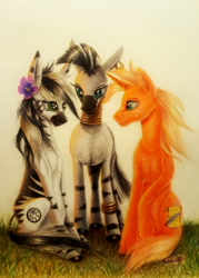 Size: 2988x4174 | Tagged: safe, artist:cahandariella, imported from derpibooru, zecora, oc, pony, unicorn, zebra, colored pencil drawing, commission, couple, family, grass, pregnant, traditional art, zebra oc