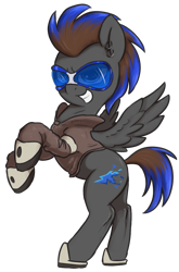 Size: 830x1260 | Tagged: safe, artist:t72b, imported from derpibooru, oc, oc only, oc:blue flare, pegasus, pony, derpibooru community collaboration, 2021 community collab, boots, clothes, coat, ear piercing, earring, grin, jewelry, male, piercing, rearing, shoes, simple background, smiling, solo, stallion, sunglasses, transparent background