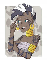 Size: 1286x1685 | Tagged: safe, artist:elioo, imported from derpibooru, zecora, human, 2021, bust, clothes, cutie mark on human, dark skin, ear piercing, earring, female, humanized, jewelry, neck rings, piercing, portrait, smiling, solo, stripes