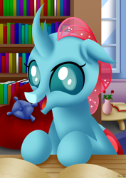 Size: 2480x3508 | Tagged: safe, artist:leonkay, imported from derpibooru, ocellus, changedling, changeling, book, bookbug, bookshelf, cute, diaocelles, flower, happy, leonkay is trying to murder us, library, pillow, smiling, solo, weapons-grade cute, window