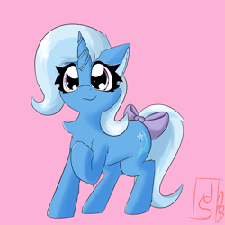 Size: 2362x2362 | Tagged: safe, artist:jubyskylines, imported from derpibooru, trixie, pony, unicorn, bow, chest fluff, cute, diatrixes, female, hoof on chest, mare, smiling, tail bow, weapons-grade cute