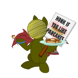 Size: 2048x2048 | Tagged: safe, artist:zoness, imported from derpibooru, oc, oc only, oc:zoness, original species, pony, derpibooru community collaboration, 2021 community collab, food, fork, high res, male, maple syrup, pancakes, planet pony, sign, simple background, sitting, solo, spread wings, transparent background, wings