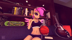 Size: 1920x1080 | Tagged: safe, artist:elektra-gertly, imported from derpibooru, scootaloo, anthro, pegasus, 3d, ball, basketball, belly button, belly piercing, bellyring, book, bookshelf, cellphone, clothes, couch, eyeshadow, female, guitar, hand on chest, indoors, iphone, looking at you, makeup, mascara, musical instrument, phone, piercing, porn, room, sexy, shelf, shorts, sitting, skateboard, smartphone, smiling, solo, source filmmaker, sports, sports bra, sports shorts, wings