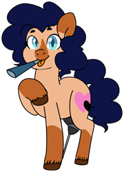 Size: 957x1326 | Tagged: safe, artist:/d/non, imported from derpibooru, oc, oc only, oc:heartspring, earth pony, pony, derpibooru community collaboration, 2021 community collab, amputee, chubby, coat markings, curly hair, party horn, simple background, socks (coat marking), socks (coat markings), solo, tongue out, transparent background, unshorn fetlocks