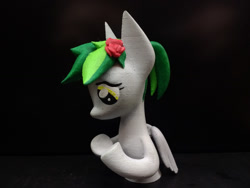 Size: 1024x768 | Tagged: safe, artist:mraagh, imported from derpibooru, oc, oc only, oc:sorunome, pegasus, pony, 3d, 3d print, 3d printed, black background, blender, clothes, cute, eyes open, female, figure, figurine, flower, flower in hair, gray coat, green mane, irl, looking down, mare, multicolor hair, multicolored hair, multicolored mane, open eyes, painted, photo, ponytail, profile, sfm pony, shadow, short mane, simple background, socks, solo, source filmmaker, spiky mane, squatting, standing, statue, yellow eyes