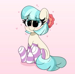 Size: 4096x4028 | Tagged: safe, artist:kittyrosie, imported from derpibooru, coco pommel, earth pony, pony, blushing, clothes, cocobetes, cute, eye clipping through hair, female, heart, mare, pink background, simple background, sitting, smiling, socks, solo, striped socks