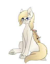 Size: 1400x1800 | Tagged: safe, artist:inanimatelotus, imported from derpibooru, oc, oc:gizmo gears, pegasus, pony, derpibooru community collaboration, 2021 community collab, glasses, pegasus oc, prosthetics, simple background, sitting, transparent background, wings