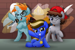 Size: 800x528 | Tagged: safe, artist:jhayarr23, imported from derpibooru, snips, truffle shuffle, oc, oc:fudge cookie, pony, unicorn, aura, backwards ballcap, baseball cap, bipedal, cap, colt, hat, magic, male, microphone