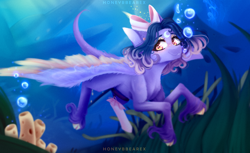 Size: 3280x2010 | Tagged: safe, artist:honeybbear, imported from derpibooru, oc, oc only, jellyfish, pegasus, pony, bubble, colored pupils, colored wings, crepuscular rays, eyelashes, female, flowing mane, mare, ribbon, smiling, solo, sponge, sunlight, swimming, tail, underwater, unshorn fetlocks, water, wings