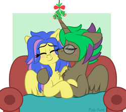 Size: 2450x2200 | Tagged: safe, artist:pink-pone, imported from derpibooru, oc, oc only, alicorn, pegasus, pony, cuddling, female, glasses, kissing, mare, mistleholly, snuggling
