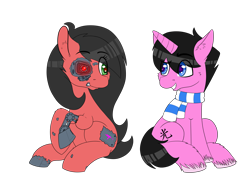 Size: 6700x5000 | Tagged: safe, artist:prince_skylight, imported from derpibooru, oc, oc only, oc:mp7, oc:skylight sparkle, pony, robot, robot pony, unicorn, derpibooru community collaboration, 2021 community collab, clothes, duo, grin, looking at each other, scarf, simple background, sitting, smiling, striped scarf, transparent background, unshorn fetlocks
