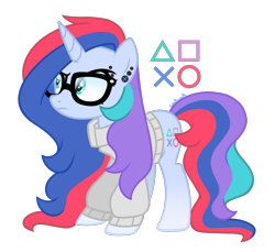 Size: 1401x1286 | Tagged: safe, artist:leaficun3, imported from derpibooru, oc, oc only, pony, unicorn, clothes, female, glasses, mare, playstation, simple background, solo, sweater, transparent background