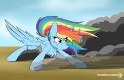 Size: 2460x1600 | Tagged: safe, artist:dangercloseart, imported from derpibooru, rainbow dash, pegasus, pony, action pose, backwards cutie mark, cheek fluff, chest fluff, dust, female, leg fluff, mare, redraw, skidding, solo