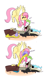 Size: 1904x3150 | Tagged: safe, artist:gissel00001, artist:opossum-stuff, imported from derpibooru, discord, fluttershy, draconequus, pegasus, pony, comic, discoshy, fail, female, leaf, male, mouth hold, open mouth, prank, prank gone wrong, shipping, sleeping, smiling, straight, tickling, tongue out