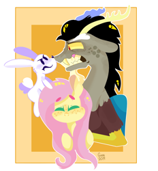 Size: 2358x2543 | Tagged: safe, artist:gissel00001, artist:opossum-stuff, imported from derpibooru, angel bunny, discord, fluttershy, draconequus, pegasus, pony, rabbit, animal, jealous, teeth