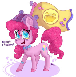 Size: 1011x1024 | Tagged: safe, artist:gissel00001, artist:opossum-stuff, imported from derpibooru, pinkie pie, earth pony, pony, bandaid, colored pupils, female, flag, hat, mare, solo, spanish, translated in the comments